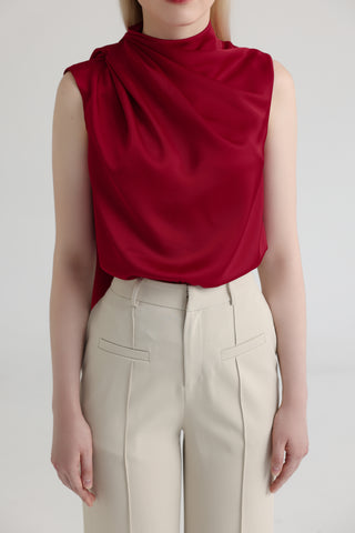 Cherry Red Silk High-Neck Top with Back Tie Detail