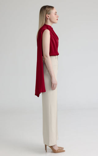 Cherry Red Silk High-Neck Top with Back Tie Detail