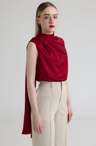 Cherry Red Silk High-Neck Top with Back Tie Detail