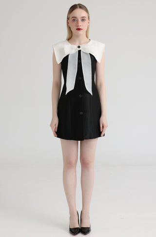 Black Taffeta MiniDress with White Tweed Sailor Collar