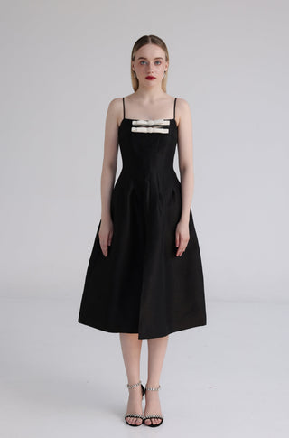 Black Crystal Bow Taffeta Midi Dress