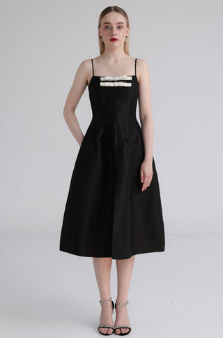 Black Crystal Bow Taffeta Midi Dress