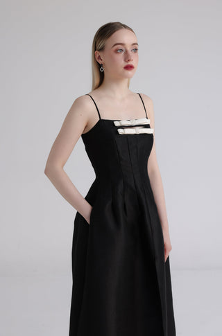 Black Crystal Bow Taffeta Midi Dress