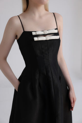 Black Crystal Bow Taffeta Midi Dress