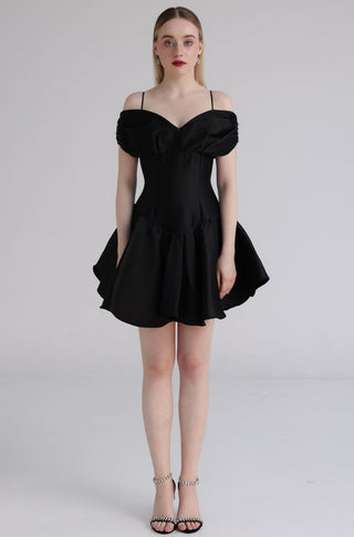 Black Taffeta Off-Shoulder Beaded Sleeve Mini Dress