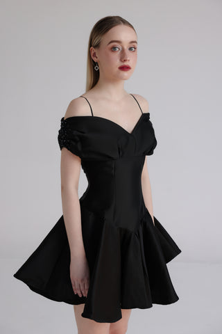 Black Taffeta Off-Shoulder Beaded Sleeve Mini Dress