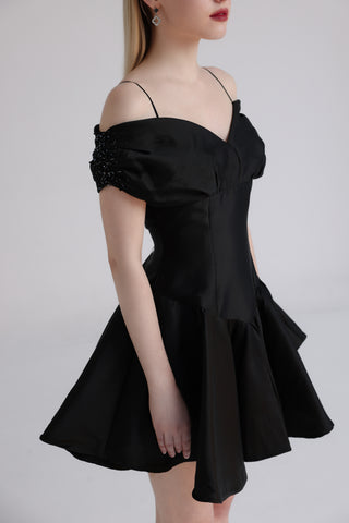 Black Taffeta Off-Shoulder Beaded Sleeve Mini Dress