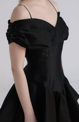 Black Taffeta Off-Shoulder Beaded Sleeve Mini Dress