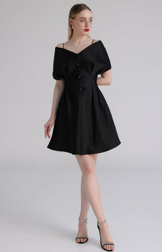 Black Taffeta Beaded Bow A-Line Dress