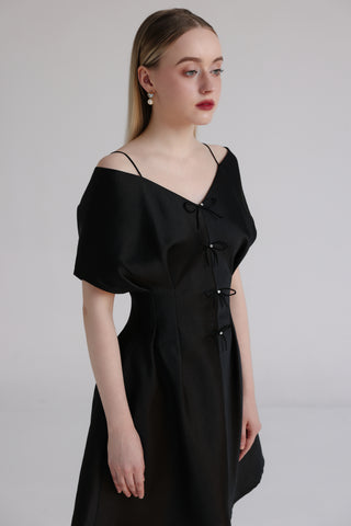 Black Taffeta Beaded Bow A-Line Dress