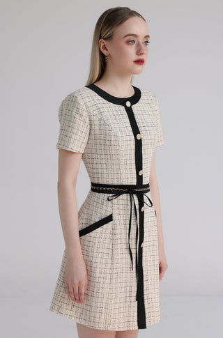 Cream Knitted Tweed A-Line Dress with Crown Button Detail