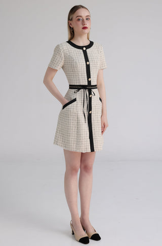 Cream Knitted Tweed A-Line Dress with Crown Button Detail