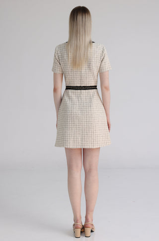 Cream Knitted Tweed A-Line Dress with Crown Button Detail