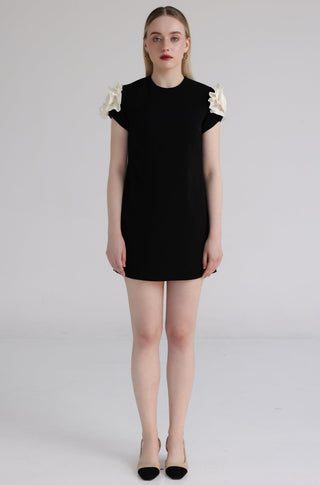 Black Shift Dress with White Rose Draped Sleeves