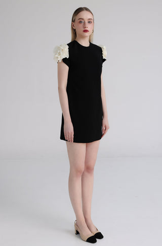 Black Shift Dress with White Rose Draped Sleeves