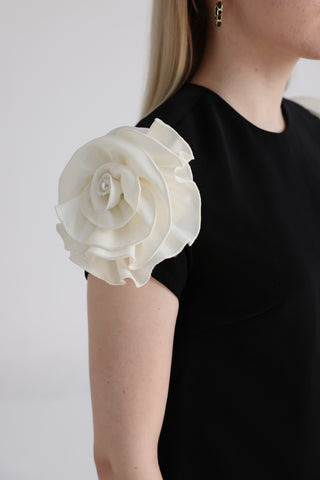 Black Shift Dress with White Rose Draped Sleeves