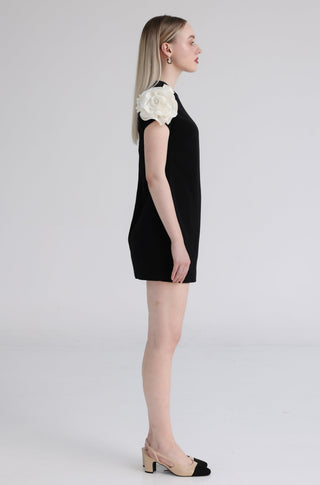 Black Shift Dress with White Rose Draped Sleeves