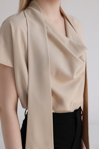 Beige Pink Silk Cowl Neck Top