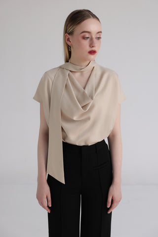 Beige Pink Silk Cowl Neck Top