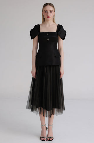 Black Taffeta Square-Neck Top