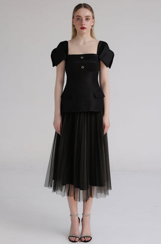 Black Sheer Pleated Midi Skirt