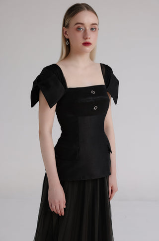 Black Taffeta Square-Neck Top