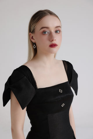 Black Taffeta Square-Neck Top