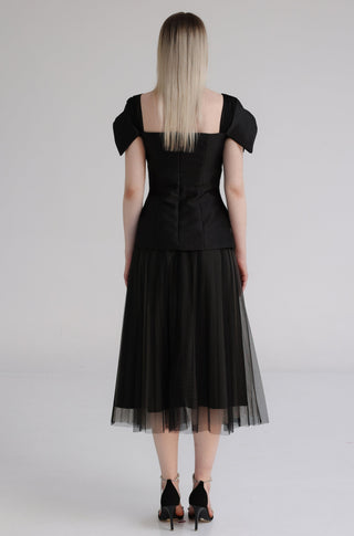 Black Taffeta Square-Neck Top