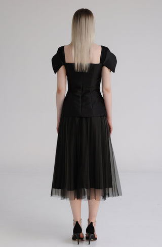 Black Sheer Pleated Midi Skirt