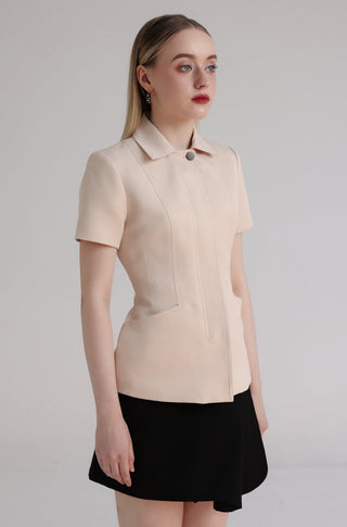 Beige Khaki Zip-Front Fitted Shirt Top