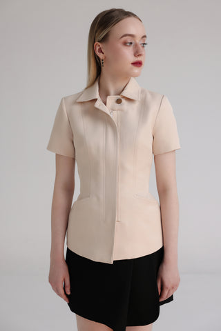 Beige Khaki Zip-Front Fitted Shirt Top