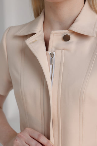 Beige Khaki Zip-Front Fitted Shirt Top