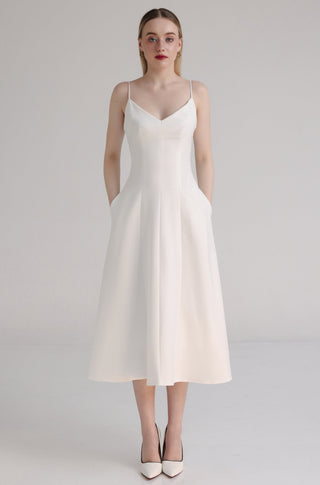 White Cotton Spaghetti Strap Fitted Midi Dress