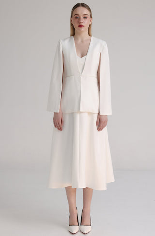 White Cotton Cape Blazer with Clasp Closure