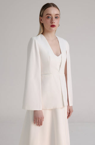 White Cotton Cape Blazer with Clasp Closure