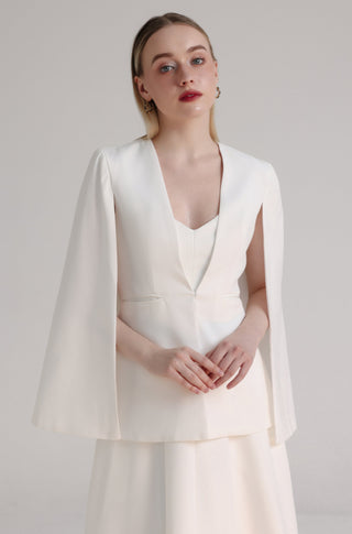 White Cotton Cape Blazer with Clasp Closure