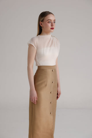 Brown Taffeta Midi Skirt with Floral Button Detail