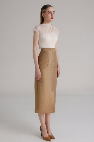 Brown Taffeta Midi Skirt with Floral Button Detail