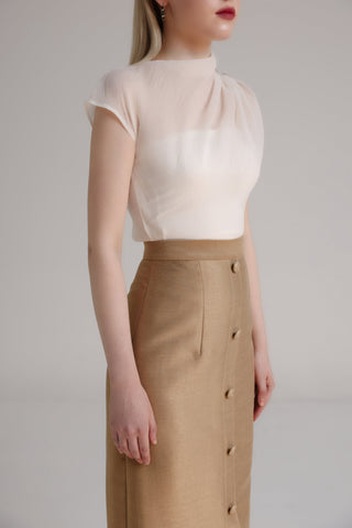 Brown Taffeta Midi Skirt with Floral Button Detail