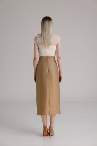 Brown Taffeta Midi Skirt with Floral Button Detail