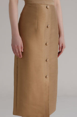 Brown Taffeta Midi Skirt with Floral Button Detail