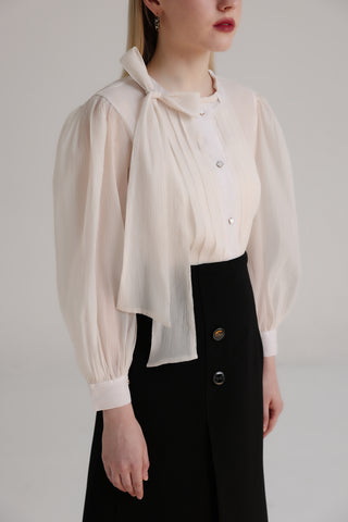 Ivory Organza Pleated Top with Bow Tie Detail