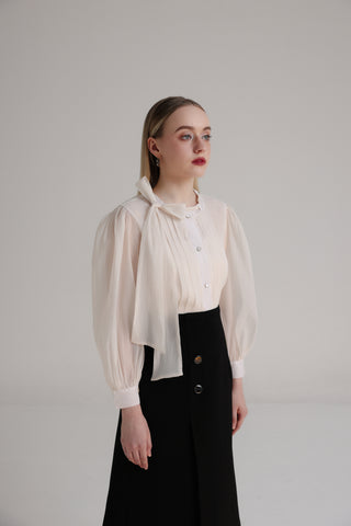 Ivory Organza Pleated Top with Bow Tie Detail