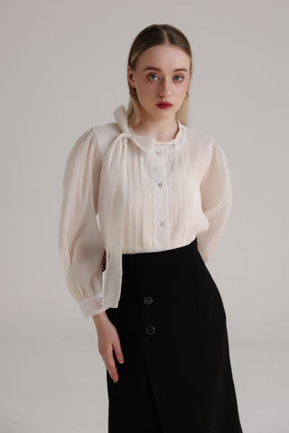 Ivory Organza Pleated Top with Bow Tie Detail