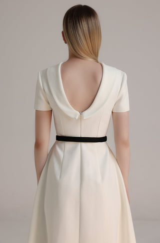 White Crepe Backless Midi Dress with Pleat Detail