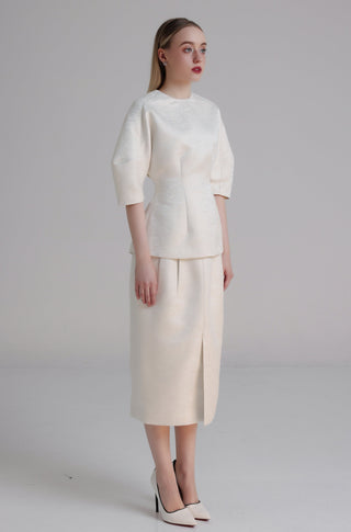 Ivory Textured Taffeta Top with Batwing Sleeves