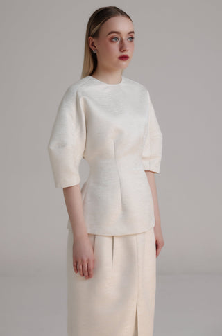 Ivory Textured Taffeta Top with Batwing Sleeves