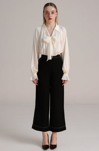 Black Rain Cloth Flare Pants with White Piping