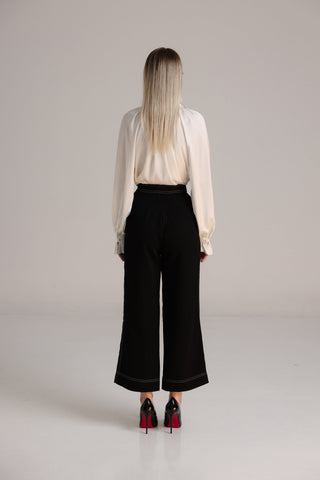 Black Rain Cloth Flare Pants with White Piping