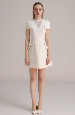 White Organza-Collar Rain Cloth Mini Dress with Buttoned Pockets